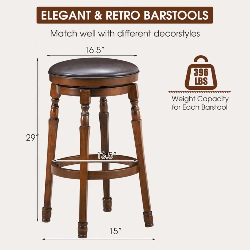 2-Pack 29" Backless Swivel Bar Stools, Solid Wood Leather Counter Height Dining Chairs for Kitchen Pub Cafe