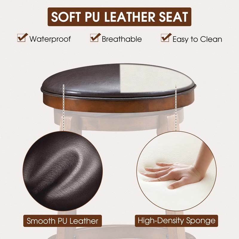 2-Pack 29" Backless Swivel Bar Stools, Solid Wood Leather Counter Height Dining Chairs for Kitchen Pub Cafe