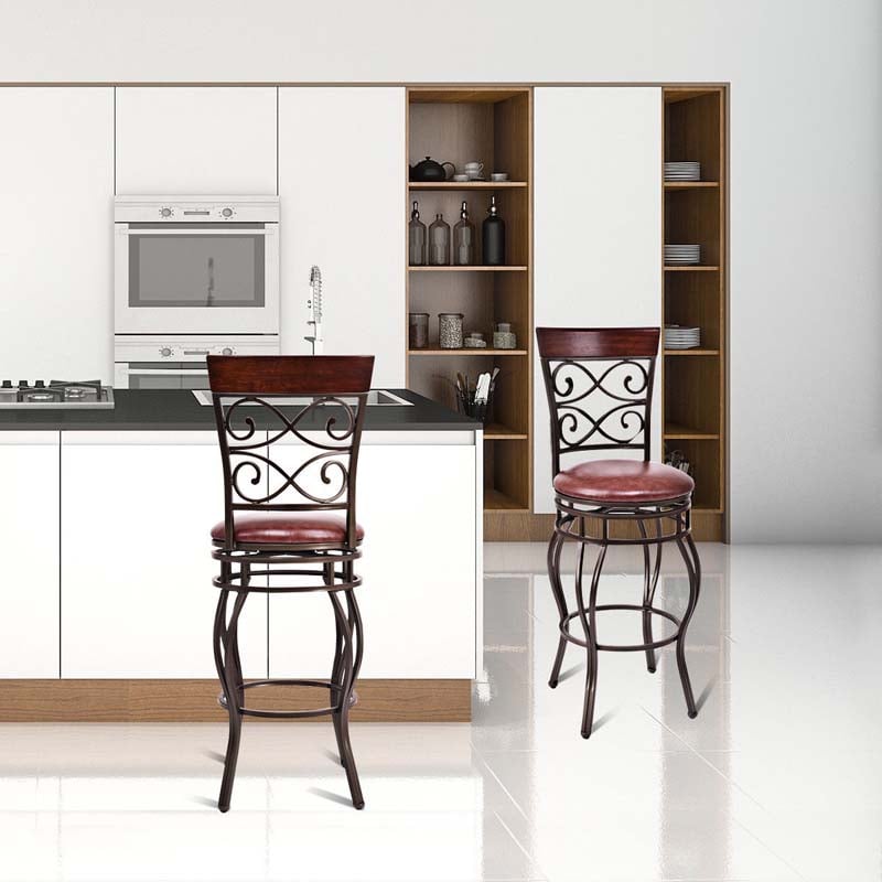 2-Pack 360 Degree Swivel Bar Stools with Back, 30" Vintage Counter Height Stools, Leather Padded Seat Bistro Pub Kitchen Dining Chairs
