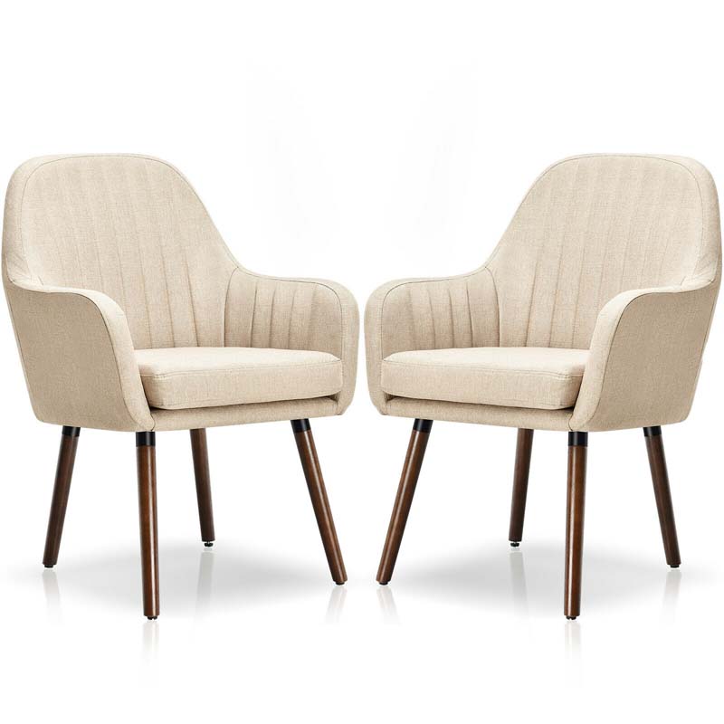 Set of 2 Fabric Dining Chairs, Accent Upholstered Arm Chair with Rubber Wood Legs, Thick Sponge Seat