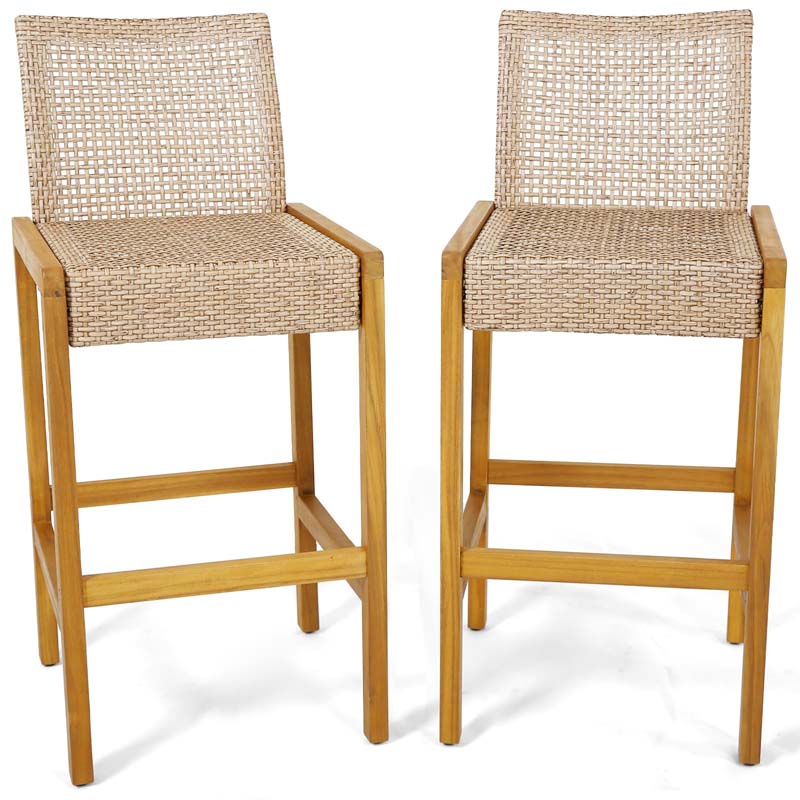 Rattan Wood Bar Stools Patio Dining Chairs with Backrest & Footrest, Indoor Outdoor Bar Height Chairs for Backyard Poolside