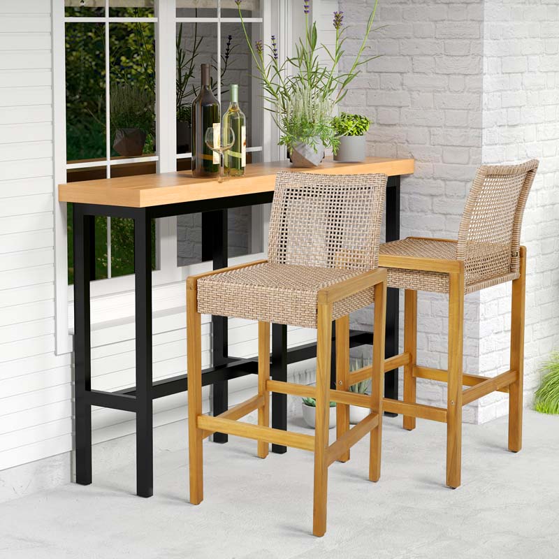 Rattan Wood Bar Stools Patio Dining Chairs with Backrest & Footrest, Indoor Outdoor Bar Height Chairs for Backyard Poolside