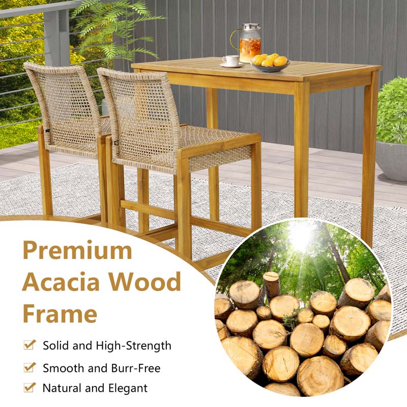 Rattan Wood Bar Stools Patio Dining Chairs with Backrest & Footrest, Indoor Outdoor Bar Height Chairs for Backyard Poolside