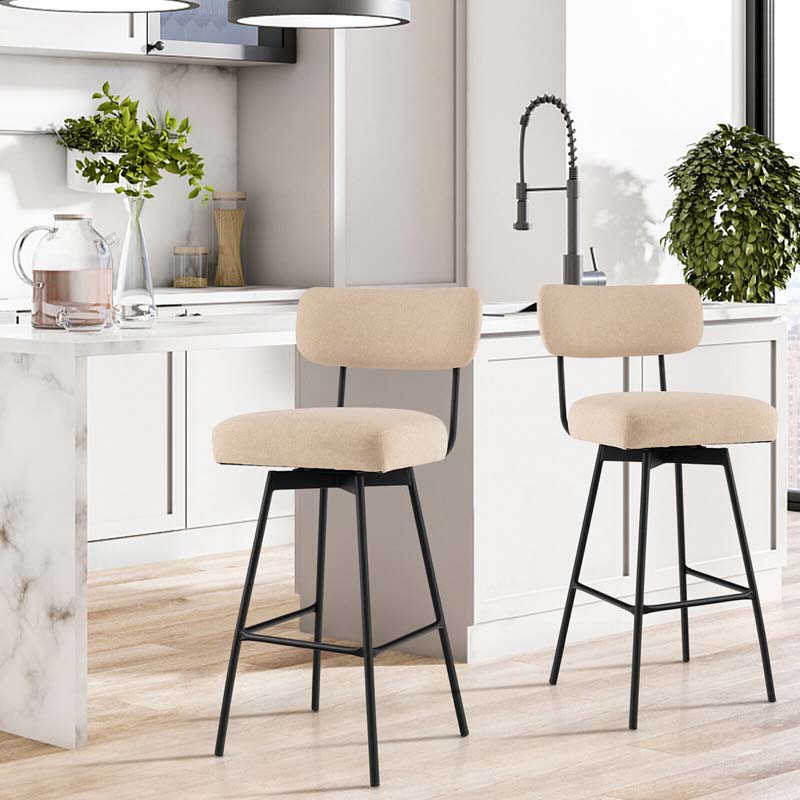 2 Pcs 360° Swivel Bar Stools 29" Upholstered Bar Height Dining Chairs with Back, Metal Legs & Footrests