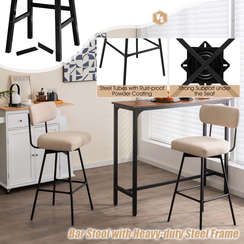 2 Pcs 360° Swivel Bar Stools 29" Upholstered Bar Height Dining Chairs with Back, Metal Legs & Footrests