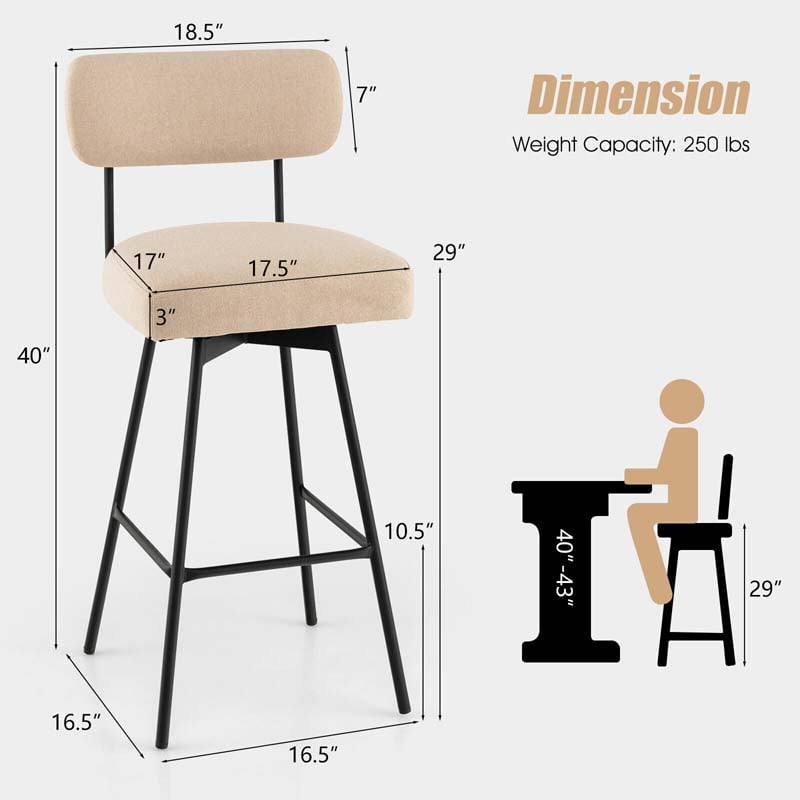 2 Pcs 360° Swivel Bar Stools 29" Upholstered Bar Height Dining Chairs with Back, Metal Legs & Footrests