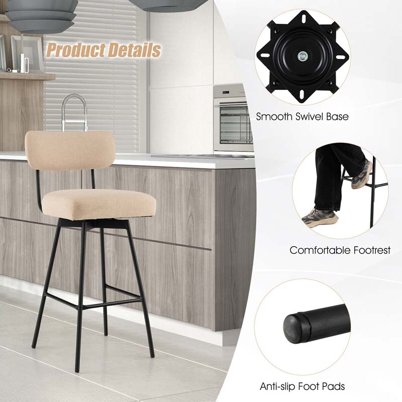 2 Pcs 360° Swivel Bar Stools 29" Upholstered Bar Height Dining Chairs with Back, Metal Legs & Footrests