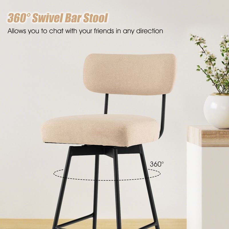 2 Pcs 360° Swivel Bar Stools 29" Upholstered Bar Height Dining Chairs with Back, Metal Legs & Footrests