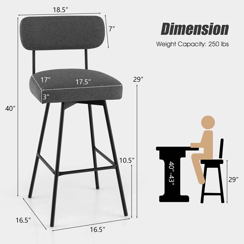 2 Pcs 360° Swivel Bar Stools 29" Upholstered Bar Height Dining Chairs with Back, Metal Legs & Footrests