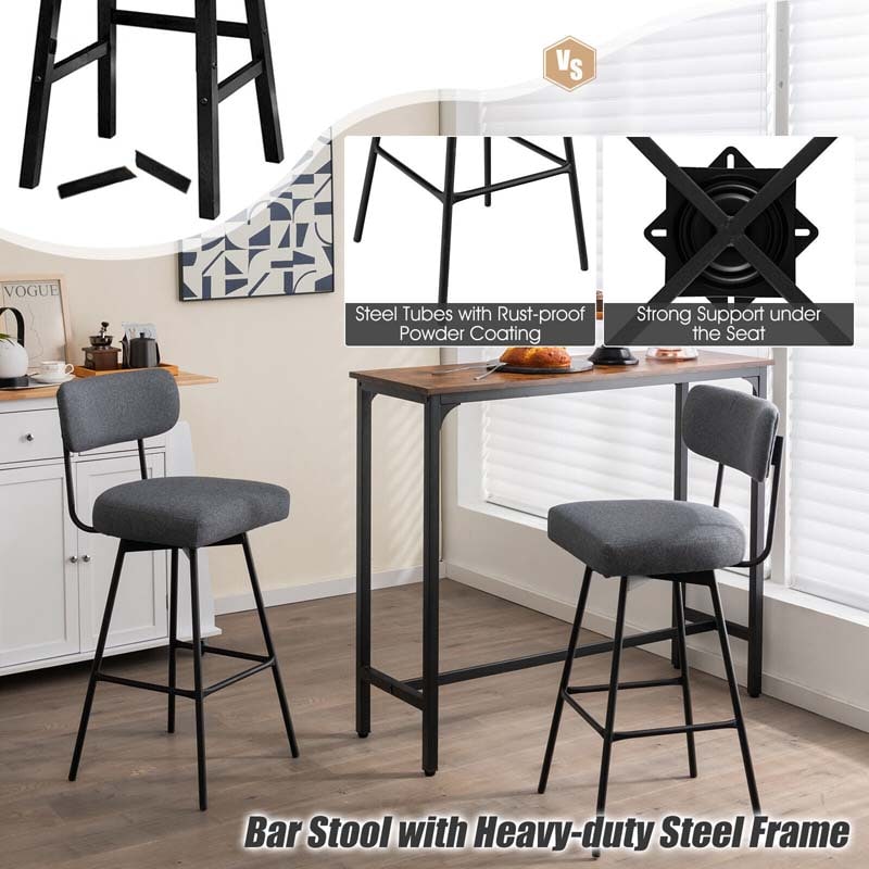 2 Pcs 360° Swivel Bar Stools 29" Upholstered Bar Height Dining Chairs with Back, Metal Legs & Footrests