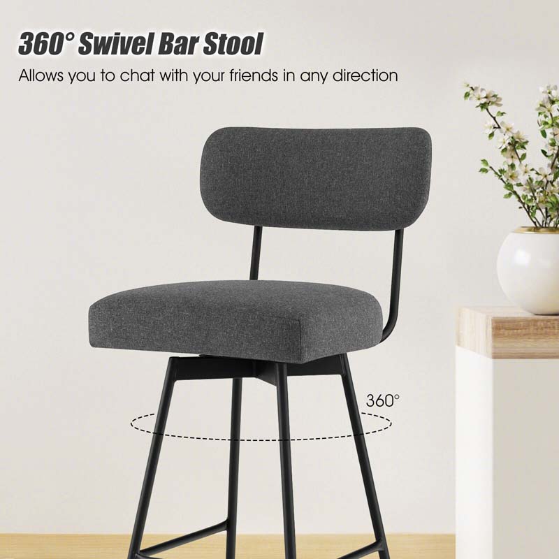 2 Pcs 360° Swivel Bar Stools 29" Upholstered Bar Height Dining Chairs with Back, Metal Legs & Footrests