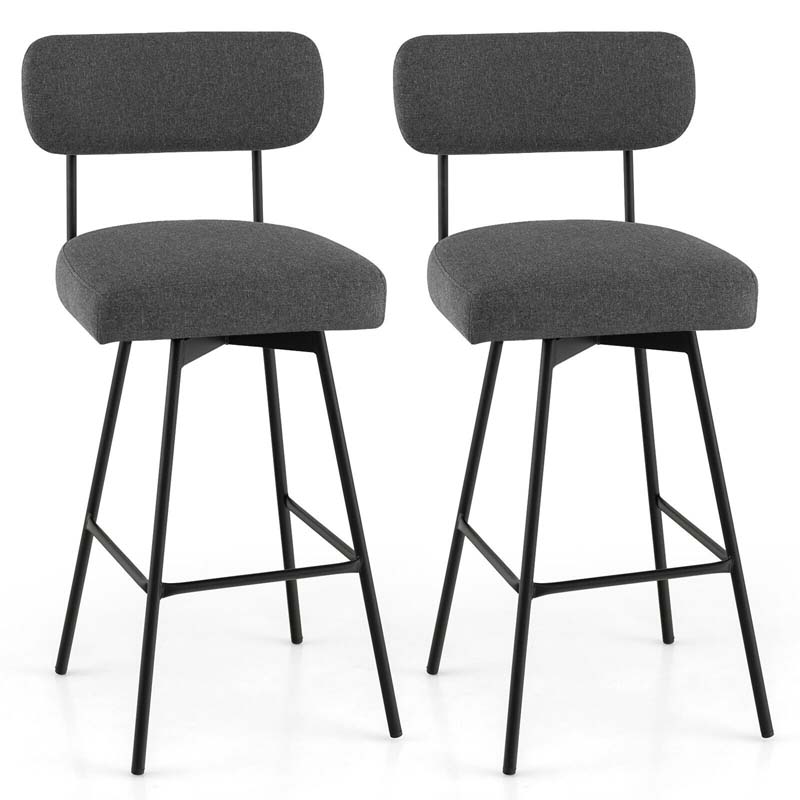 2 Pcs 360° Swivel Bar Stools 29" Upholstered Bar Height Dining Chairs with Back, Metal Legs & Footrests