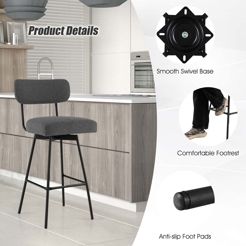 2 Pcs 360° Swivel Bar Stools 29" Upholstered Bar Height Dining Chairs with Back, Metal Legs & Footrests