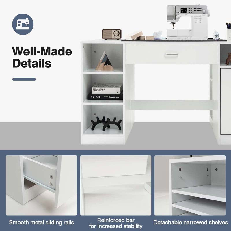 53" Artwork Sewing Craft Table Sewing Station Desk, Multipurpose Sewing Machine Cabinet with Drawers & Open Storage Shelves