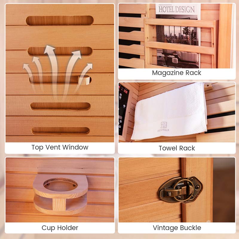 1-Person Far Infrared Wooden Sauna for Home, Tempered Door Canadian Hemlock Indoor Sauna Room w/Bluetooth Speakers, Oxygen Ionizer