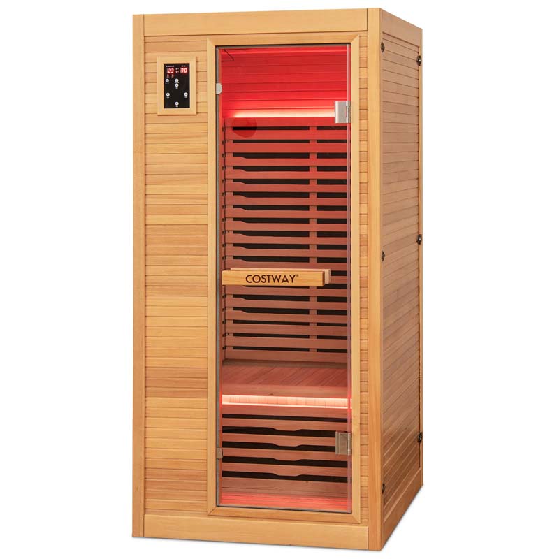 1-Person Far Infrared Wooden Sauna for Home, Tempered Door Canadian Hemlock Indoor Sauna Room w/Bluetooth Speakers, Oxygen Ionizer