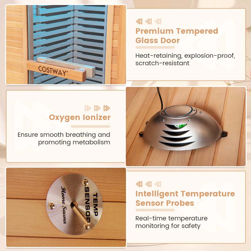 1-Person Far Infrared Wooden Sauna for Home, Tempered Door Canadian Hemlock Indoor Sauna Room w/Bluetooth Speakers, Oxygen Ionizer