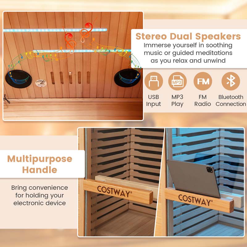 1-Person Far Infrared Wooden Sauna for Home, Tempered Door Canadian Hemlock Indoor Sauna Room w/Bluetooth Speakers, Oxygen Ionizer