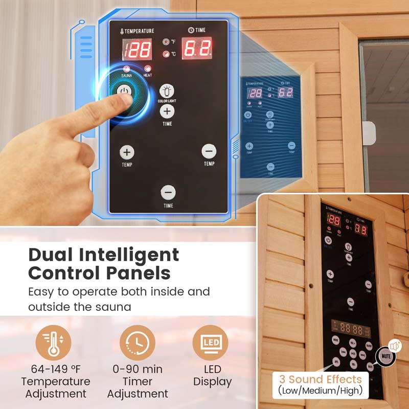 1-Person Far Infrared Wooden Sauna for Home, Tempered Door Canadian Hemlock Indoor Sauna Room w/Bluetooth Speakers, Oxygen Ionizer