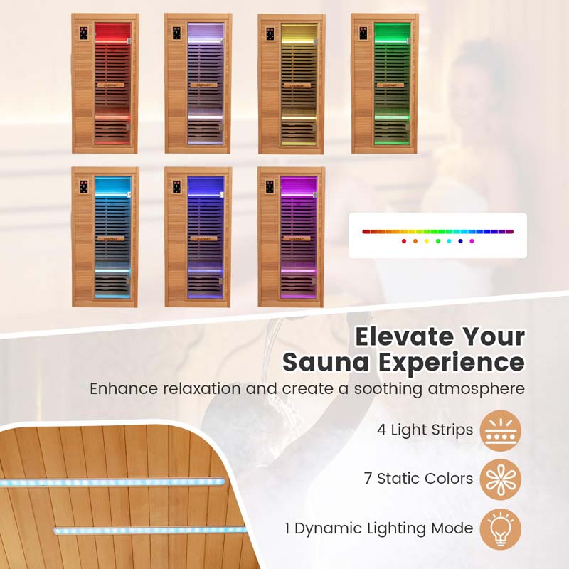 1-Person Far Infrared Wooden Sauna for Home, Tempered Door Canadian Hemlock Indoor Sauna Room w/Bluetooth Speakers, Oxygen Ionizer
