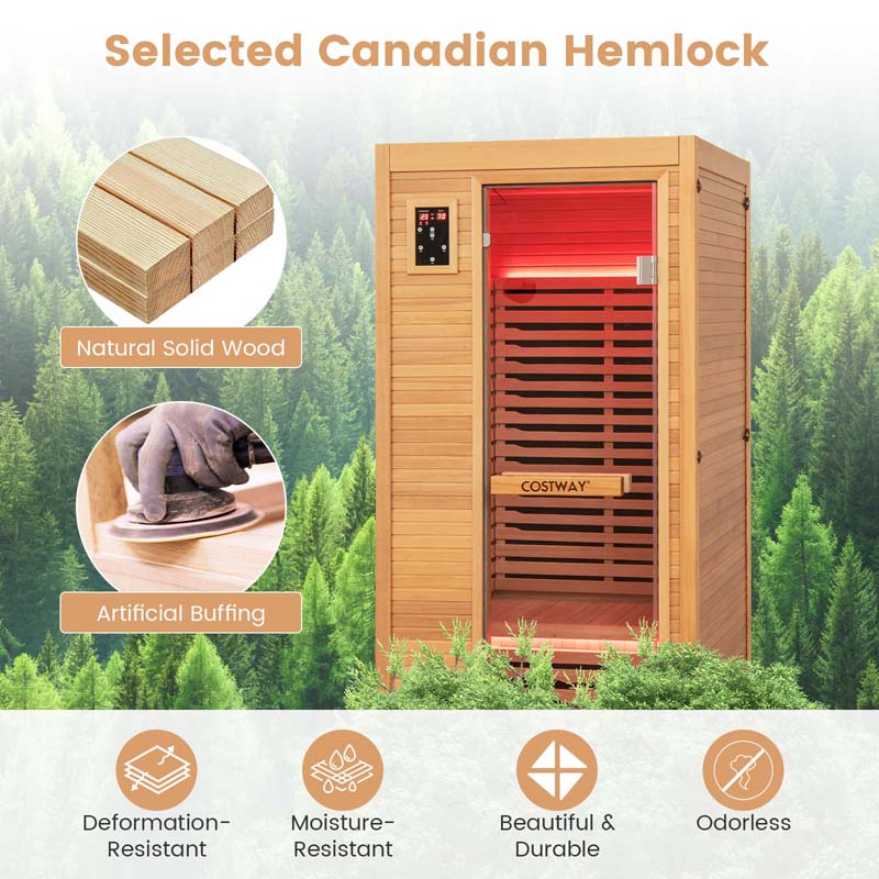 1-Person Far Infrared Wooden Sauna for Home, Tempered Door Canadian Hemlock Indoor Sauna Room w/Bluetooth Speakers, Oxygen Ionizer