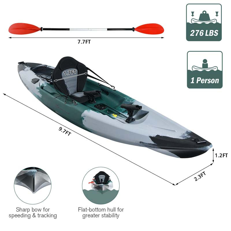 9.7 FT 1-Person Sit-on-Top Fishing Kayak with Aluminum Paddle, 4 Fishing Rod Holders, Padded Seat, Recreational Touring Kayak for Lake River Ocean