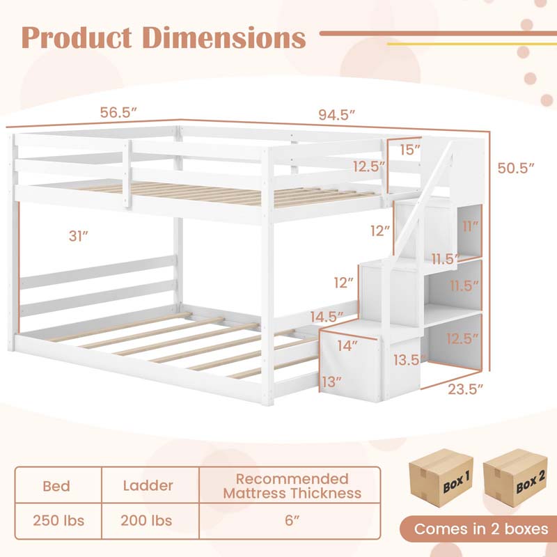 Full Over Full Bunk Bed with Storage Stairs, Solid Wood Floor Bunk Bed with Full-Length Guardrails, Low Bunk Bed with for Kids Teens Adults