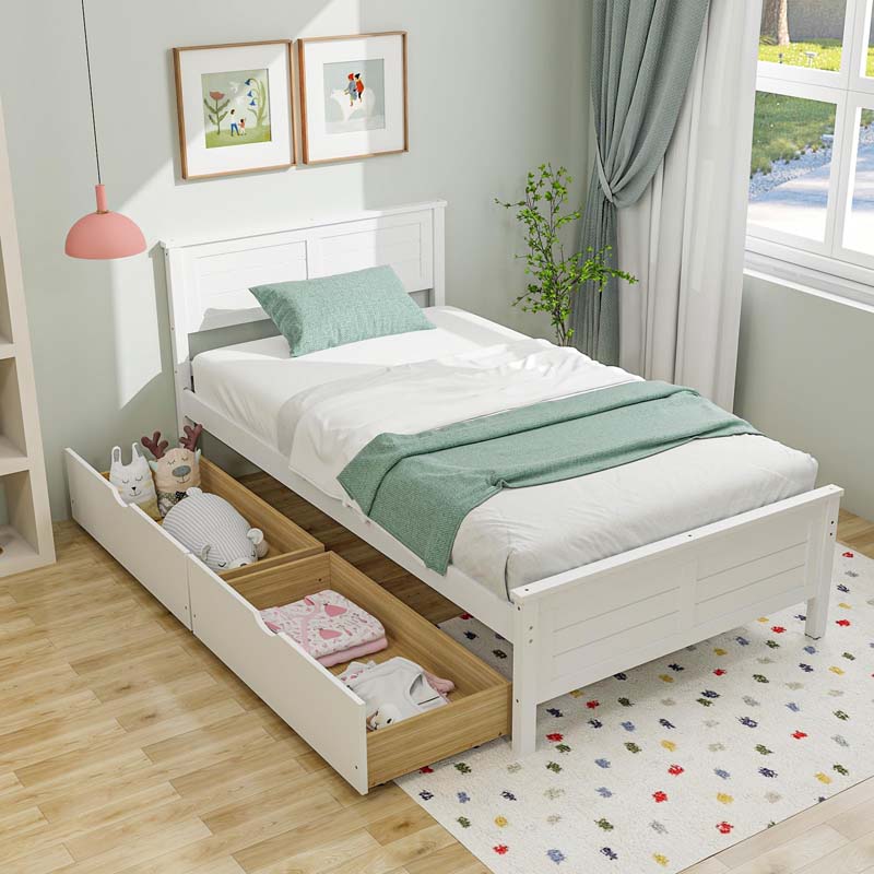 Twin/Full Size Solid Wood Platform Bed Frame with 2 Storage Drawers & Headboard, Wooden Slats Support Mattress Foundation