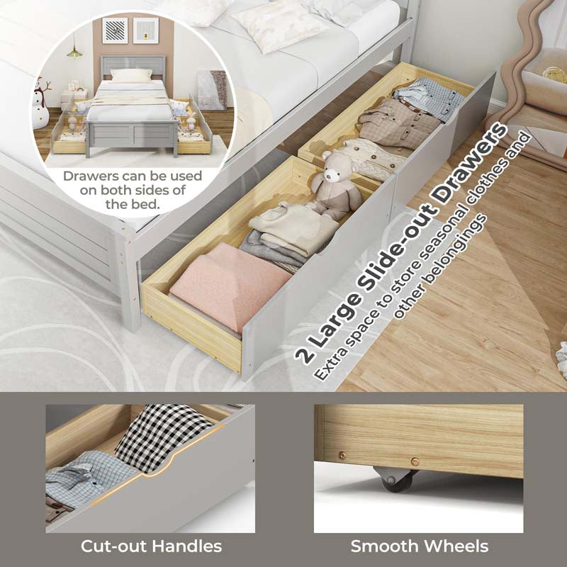 Twin/Full Size Solid Wood Platform Bed Frame with 2 Storage Drawers & Headboard, Wooden Slats Support Mattress Foundation