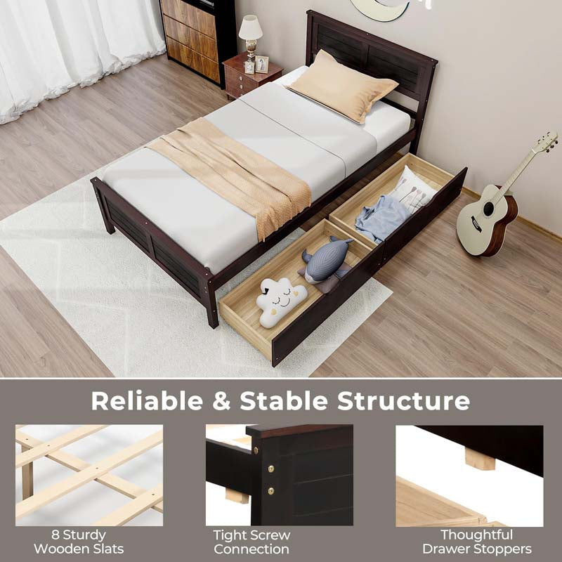 Twin/Full Size Solid Wood Platform Bed Frame with 2 Storage Drawers & Headboard, Wooden Slats Support Mattress Foundation