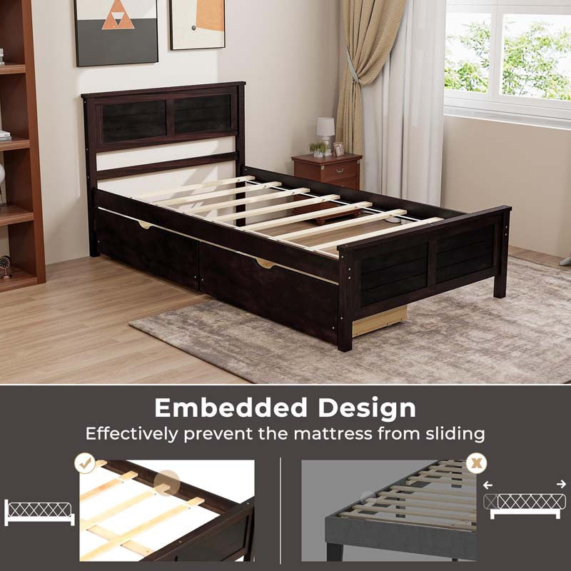 Twin/Full Size Solid Wood Platform Bed Frame with 2 Storage Drawers & Headboard, Wooden Slats Support Mattress Foundation