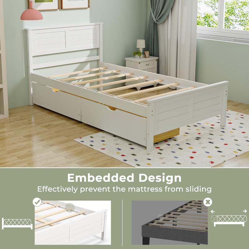 Twin/Full Size Solid Wood Platform Bed Frame with 2 Storage Drawers & Headboard, Wooden Slats Support Mattress Foundation