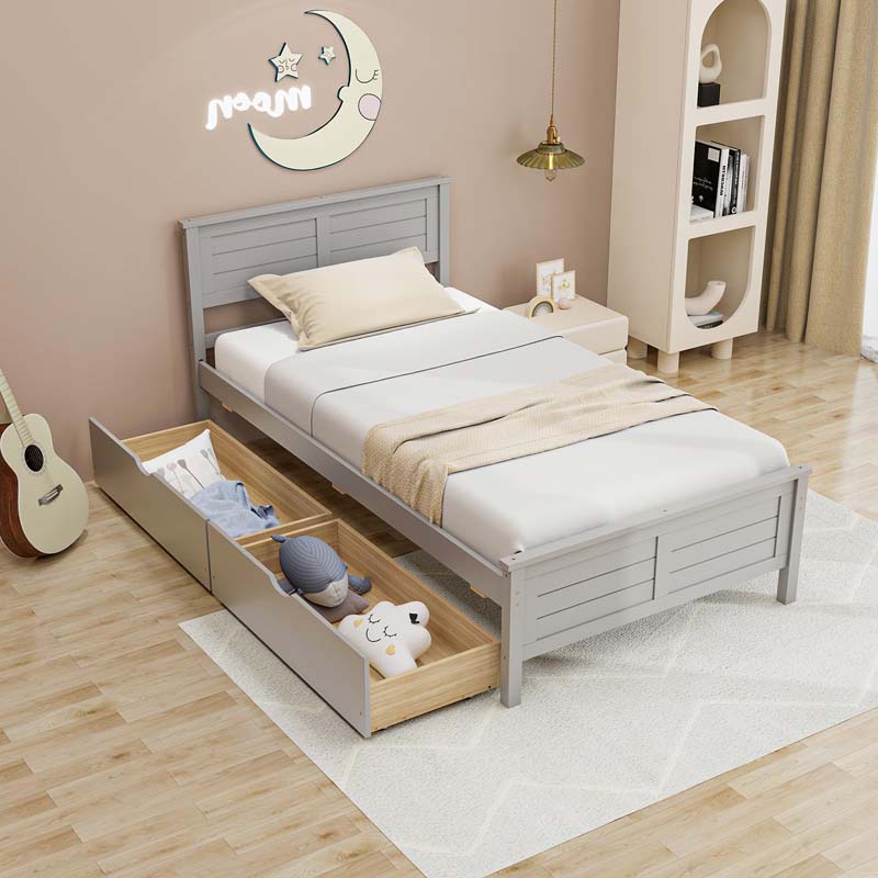 Twin/Full Size Solid Wood Platform Bed Frame with 2 Storage Drawers & Headboard, Wooden Slats Support Mattress Foundation
