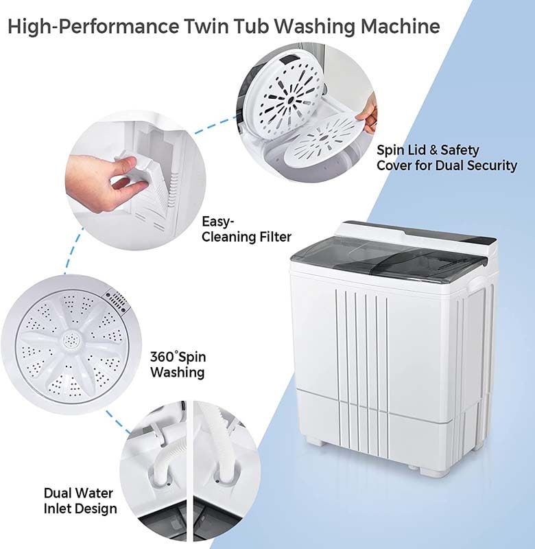 21 LBS Portable Washing Machine with Drain Pump, Twin Tub Top Load Washer Spin Dryer Combo for RV Apartment
