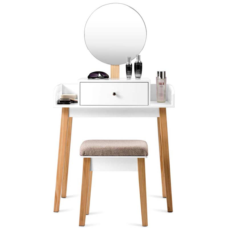 Vanity Table Set with Height Adjustable Round Mirror, Makeup Mirrored Dressing Table with Cushioned Stool, Side Storage