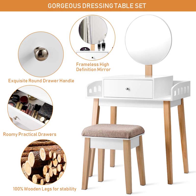 Vanity Table Set with Height Adjustable Round Mirror, Makeup Mirrored Dressing Table with Cushioned Stool, Side Storage