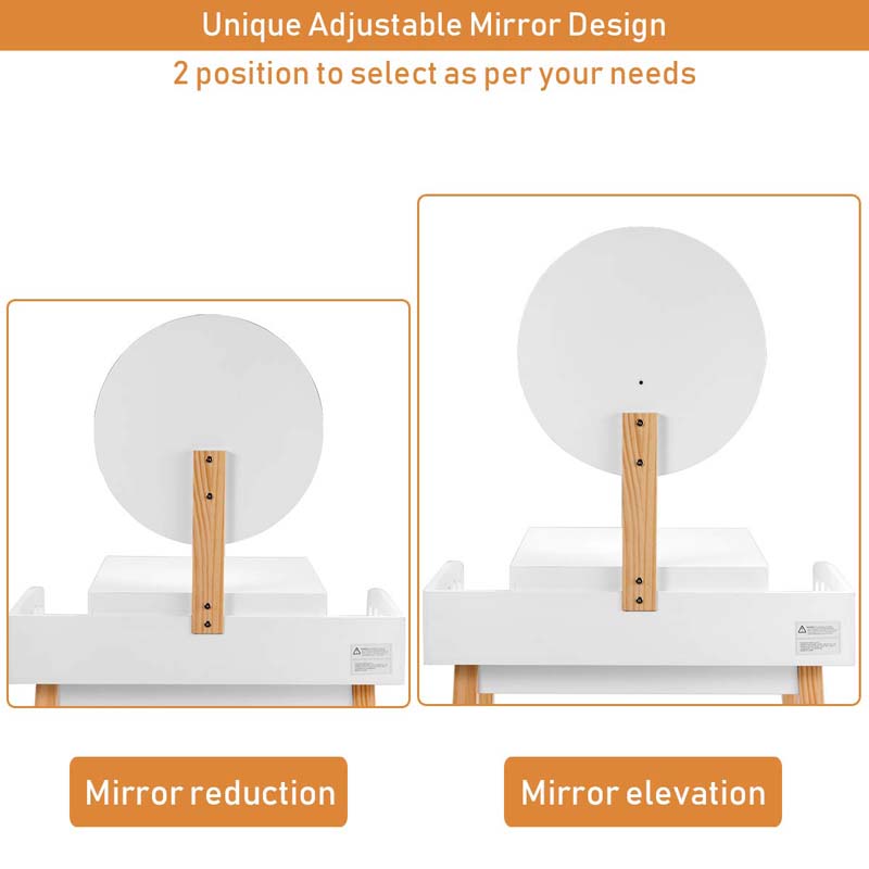 Vanity Table Set with Height Adjustable Round Mirror, Makeup Mirrored Dressing Table with Cushioned Stool, Side Storage