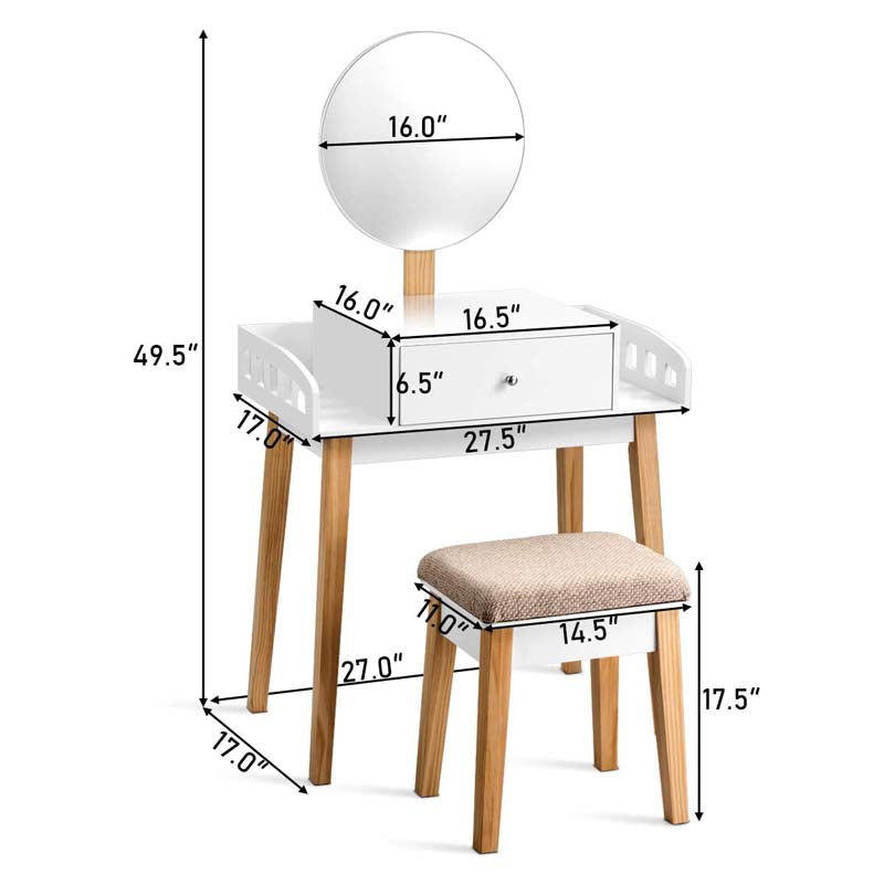 Vanity Table Set with Height Adjustable Round Mirror, Makeup Mirrored Dressing Table with Cushioned Stool, Side Storage