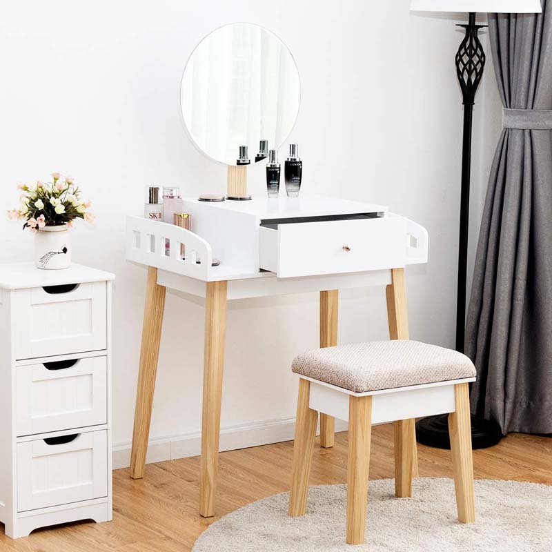 Vanity Table Set with Height Adjustable Round Mirror, Makeup Mirrored Dressing Table with Cushioned Stool, Side Storage
