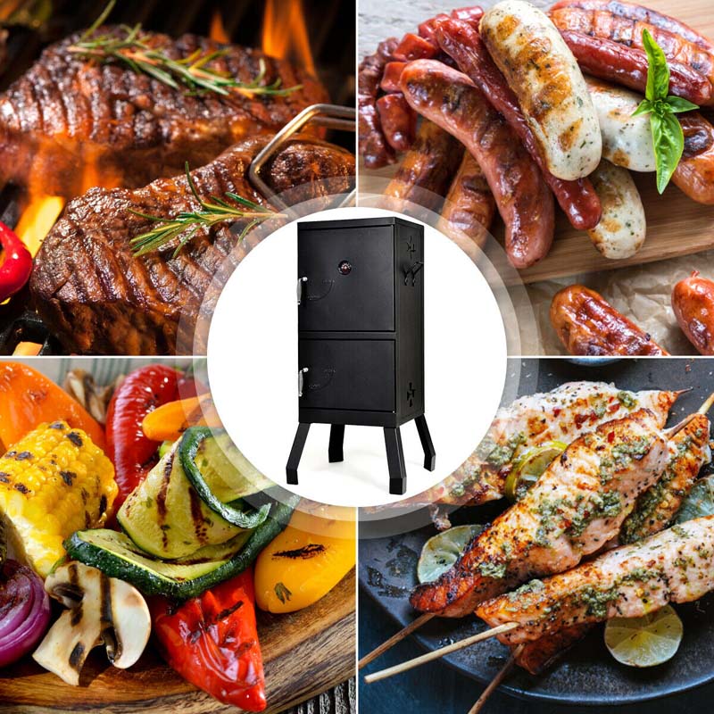 2-Layer Smoked Carbon Oven, Vertical Charcoal Smoker, Outdoor Portable Charcoal Grill Barbeque with 2 Chrome-Plated Nets, 2 Charcoal Pots