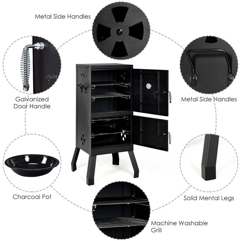 2-Layer Smoked Carbon Oven, Vertical Charcoal Smoker, Outdoor Portable Charcoal Grill Barbeque with 2 Chrome-Plated Nets, 2 Charcoal Pots