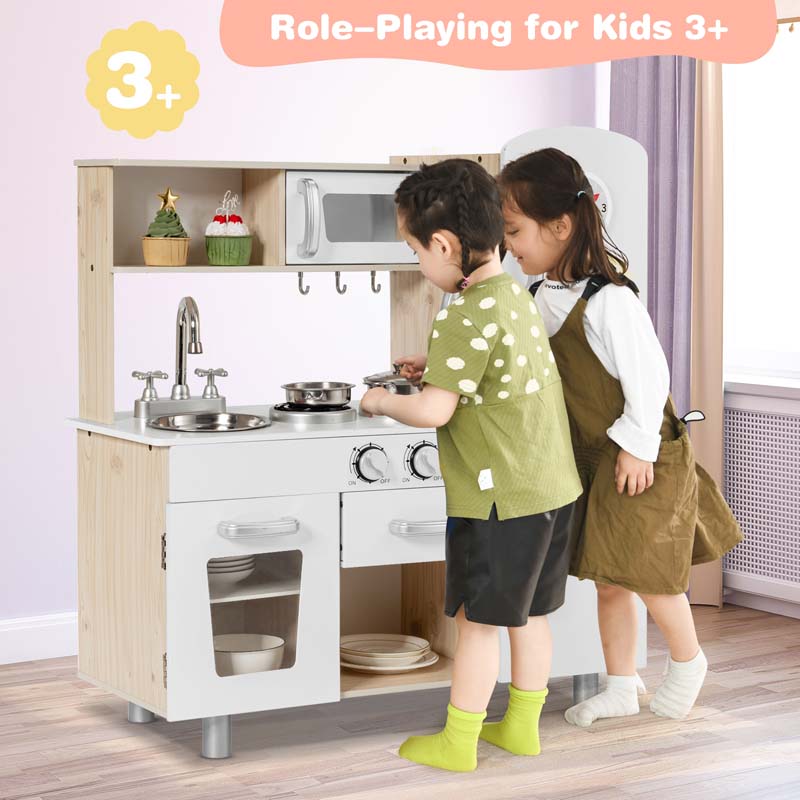 Wooden Kids Kitchen Playset w/Cookware Utensil, Phone, Clock, Water Dispenser, Pretend Cooking Toy Gift Toddlers Play Kitchen Set
