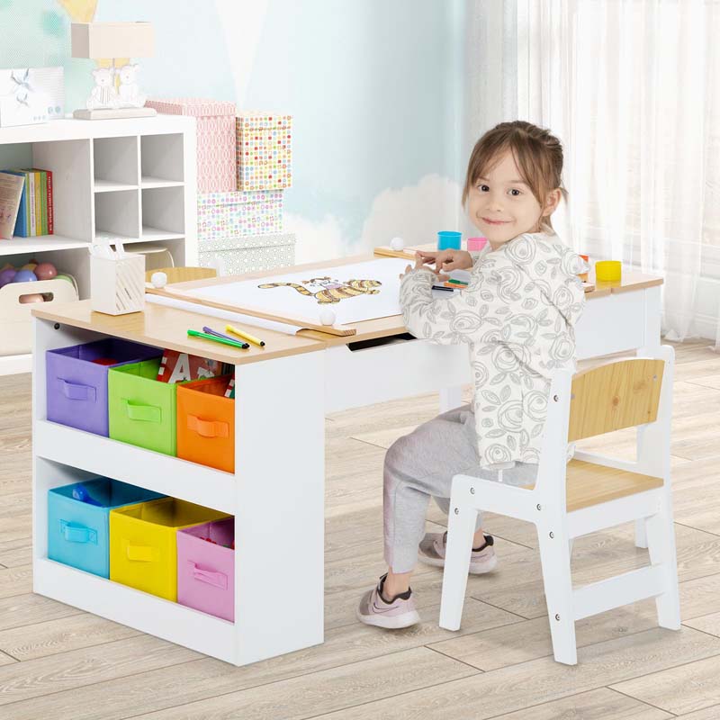 3-in-1 Wood Kids Art Table & Easel Set with 2 Chairs, 6 Storage Bins, Paper Roller, Paint Cups, Toddler Crafts Activity Table Chair Set