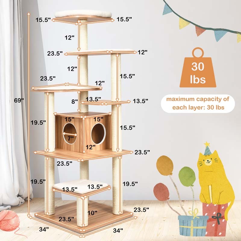 69" Tall Cat Activity Tree Wood Multi-Layer Large Cat Tower Condo with Scratch Resistant Rope & Plush Cushions
