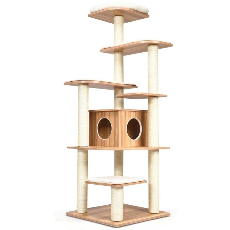 69" Tall Cat Activity Tree Wood Multi-Layer Large Cat Tower Condo with Scratch Resistant Rope & Plush Cushions