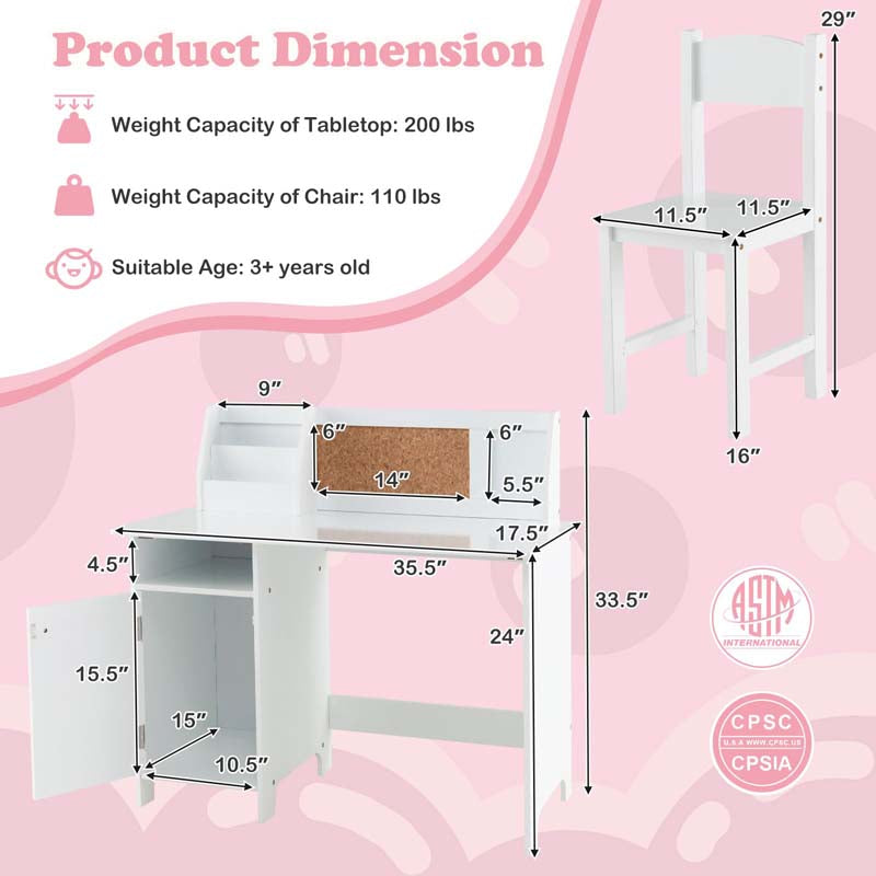 Wooden Kids Desk Chair Set with Whiteboard, Hutch, Cabinet, Children Study Table Chair Student Writing Table