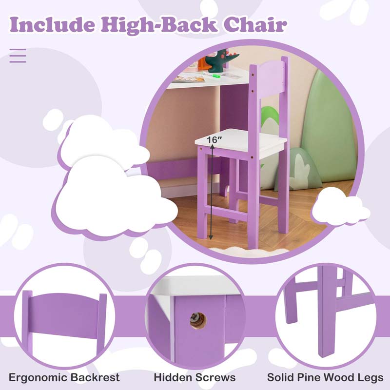 Wooden Kids Desk Chair Set with Whiteboard, Hutch, Cabinet, Children Study Table Chair Student Writing Table