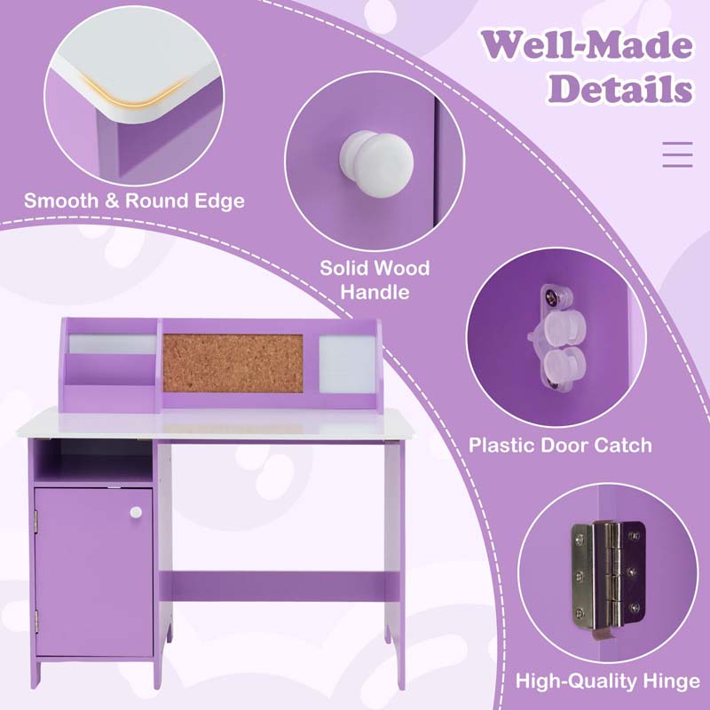 Wooden Kids Desk Chair Set with Whiteboard, Hutch, Cabinet, Children Study Table Chair Student Writing Table