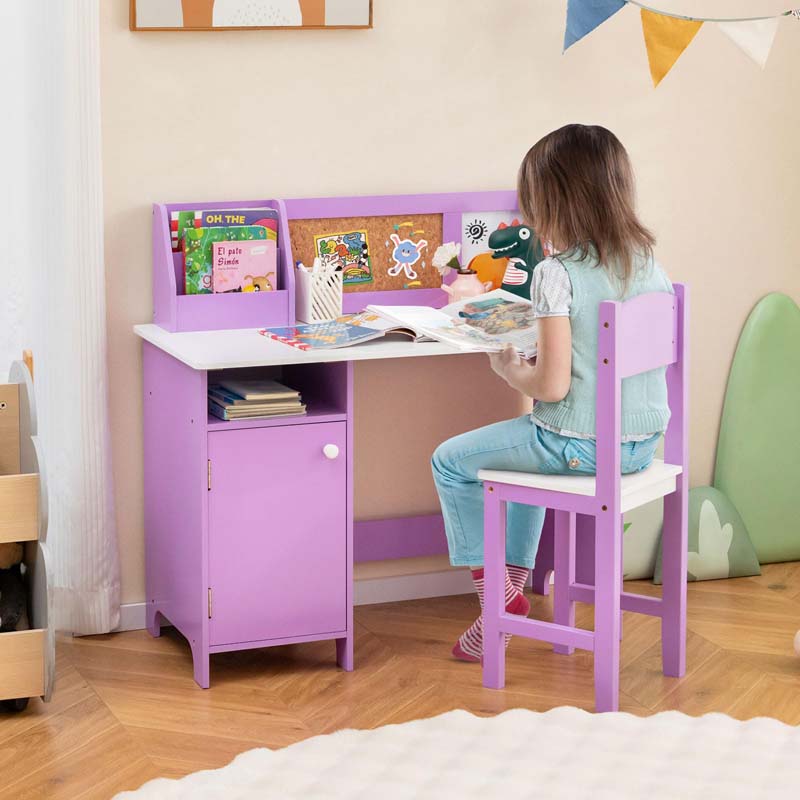 Wooden Kids Desk Chair Set with Whiteboard, Hutch, Cabinet, Children Study Table Chair Student Writing Table