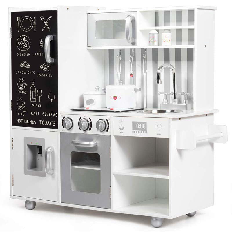 Wooden Kids Kitchen Playset with Simulated Sound, Chalkboard, Water Dispenser, Utensils, Little Chef Pretend Play Kitchen Toy Set Gift